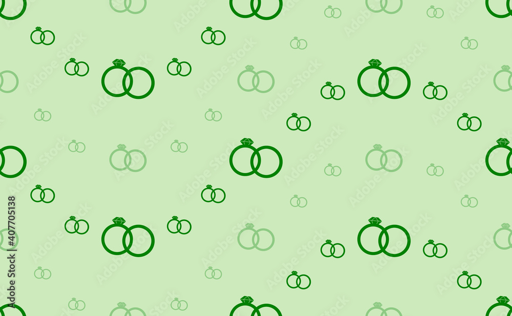 Seamless pattern of large and small green wedding rings symbols. The elements are arranged in a wavy. Vector illustration on light green background