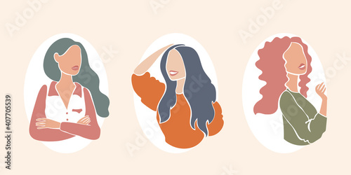 Set of abstract female shapes and silhouettes on retro background. Abstract women portraits in pastel colors. Collection of contemporary art posters. Fashion vector girls