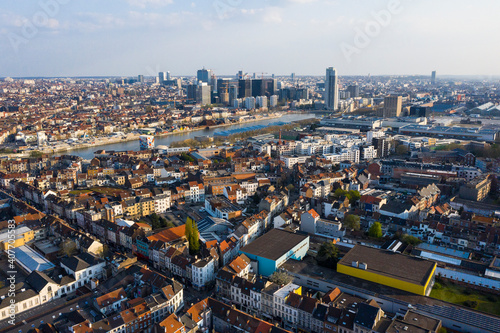 Brussels, Laeken, Belgium, April 8, 2020: Aerial view of Laeken street with tram rails photo