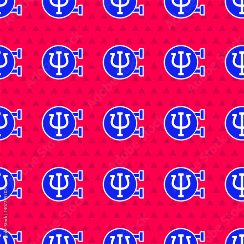 Blue Psychology icon isolated seamless pattern on red background. Psi symbol. Mental health concept, psychoanalysis analysis and psychotherapy. Vector.