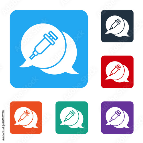 White Addiction to the drug icon isolated on white background. Heroin, narcotic, addiction, illegal. Sick junkie with a syringe and medical pills. Set icons in color square buttons. Vector.
