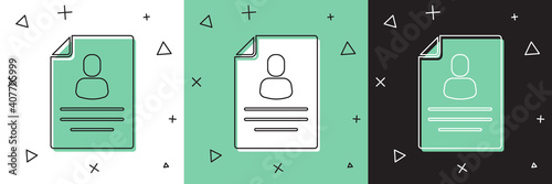 Set Resume icon isolated on white and green, black background. CV application. Searching professional staff. Analyzing personnel resume. Vector.