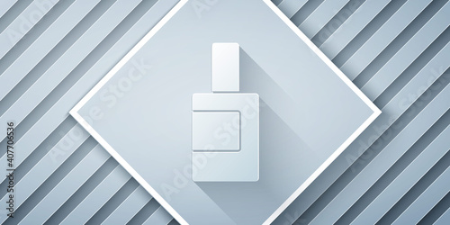 Paper cut Plastic bottle for laundry detergent, bleach, dishwashing liquid or another cleaning agent icon isolated on grey background. Paper art style. Vector.