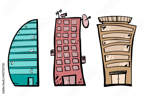 City building with high skyscrapers. Vector illustration. The architecture of the Business buildings. Office, home, shopping center.  business center a hand draw.