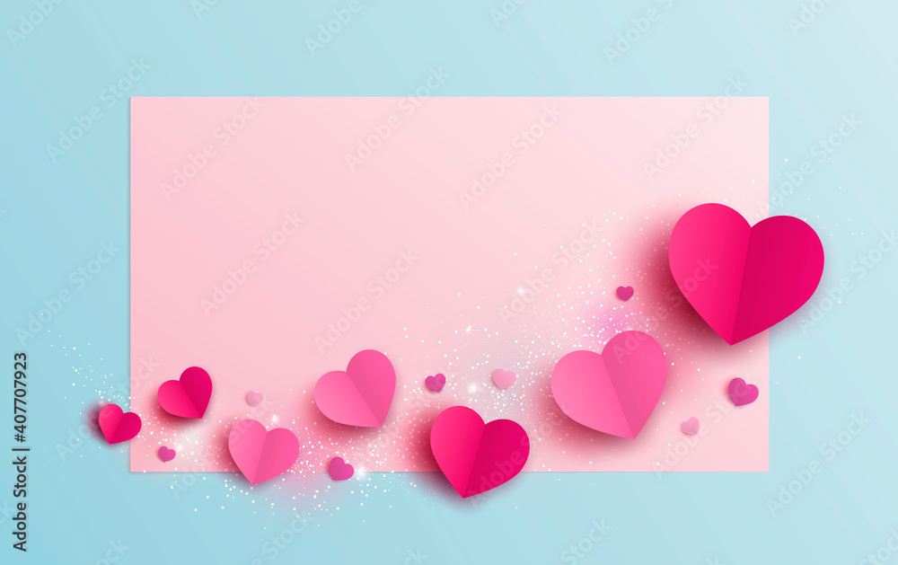 Valentine's day banner design of hearts on blank paper background vector illustration
