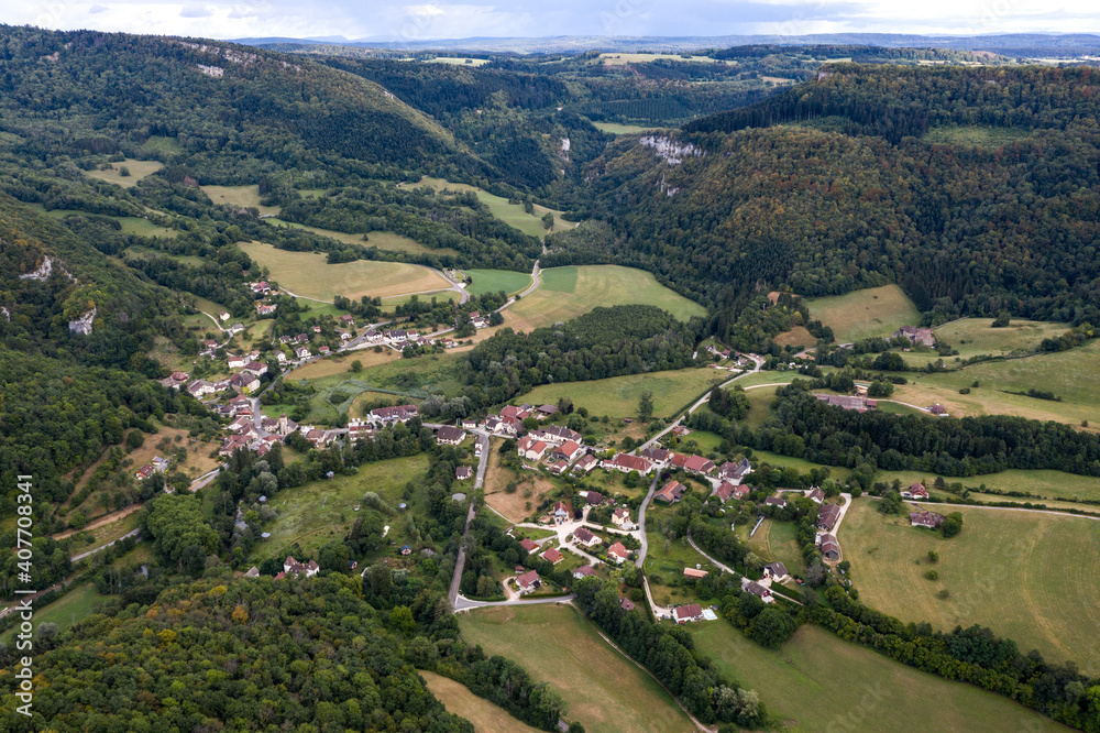 Nans-Sous-Sainte-Anne, France, August 3, 2020 - aerial vue of village in Doubs of Nans-Sous-Sainte-Anne. Close to Lison source