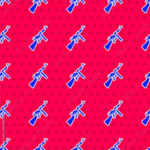 Blue Thompson tommy submachine gun icon isolated seamless pattern on red background. American submachine gun. Vector.