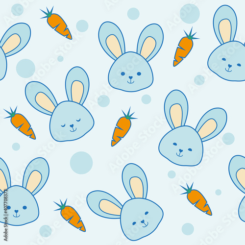 Cute bunnies seamless pattern vector. Rabbits and carrots cartoon style illustration for baby and kids background.