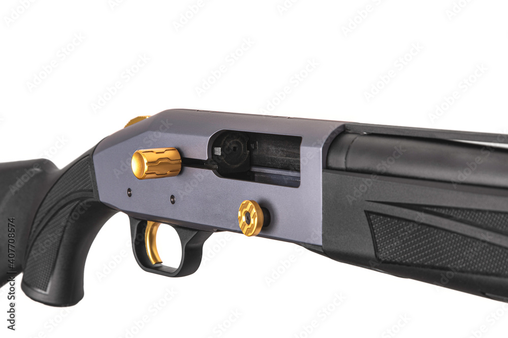 Modern semi-automatic shotgun isolate on white background. Modern weapons on a light background.