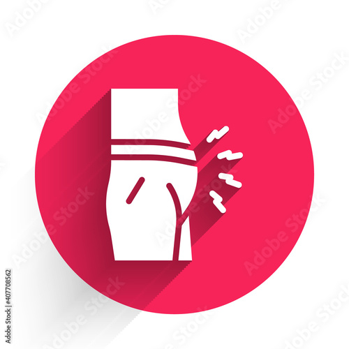 White Abdominal bloating icon isolated with long shadow. Constipation or diarrhea. Red circle button. Vector.