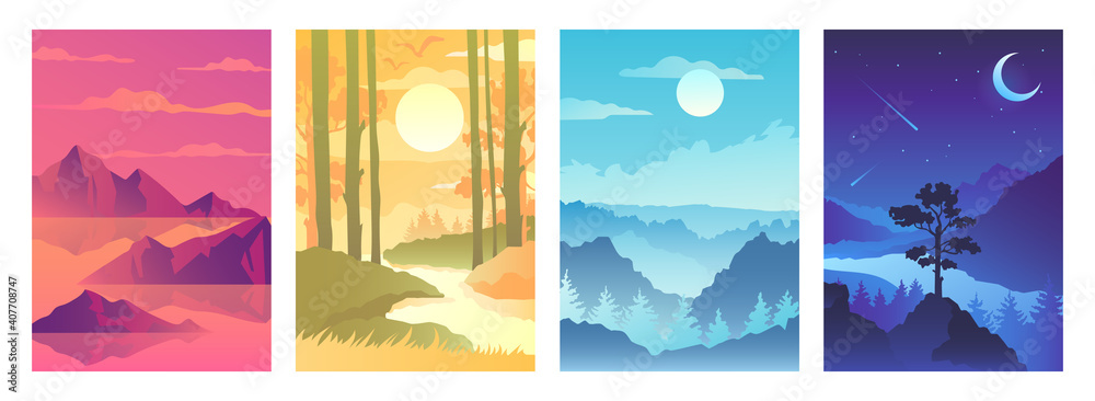 Set of abstract autumn landscapes. Scenic views of the river, lake, cliffs, mountains and pine forest. Night, day, sunrise and sunset. Vector illustration.