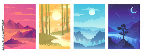 Set of abstract autumn landscapes. Scenic views of the river, lake, cliffs, mountains and pine forest. Night, day, sunrise and sunset. Vector illustration.