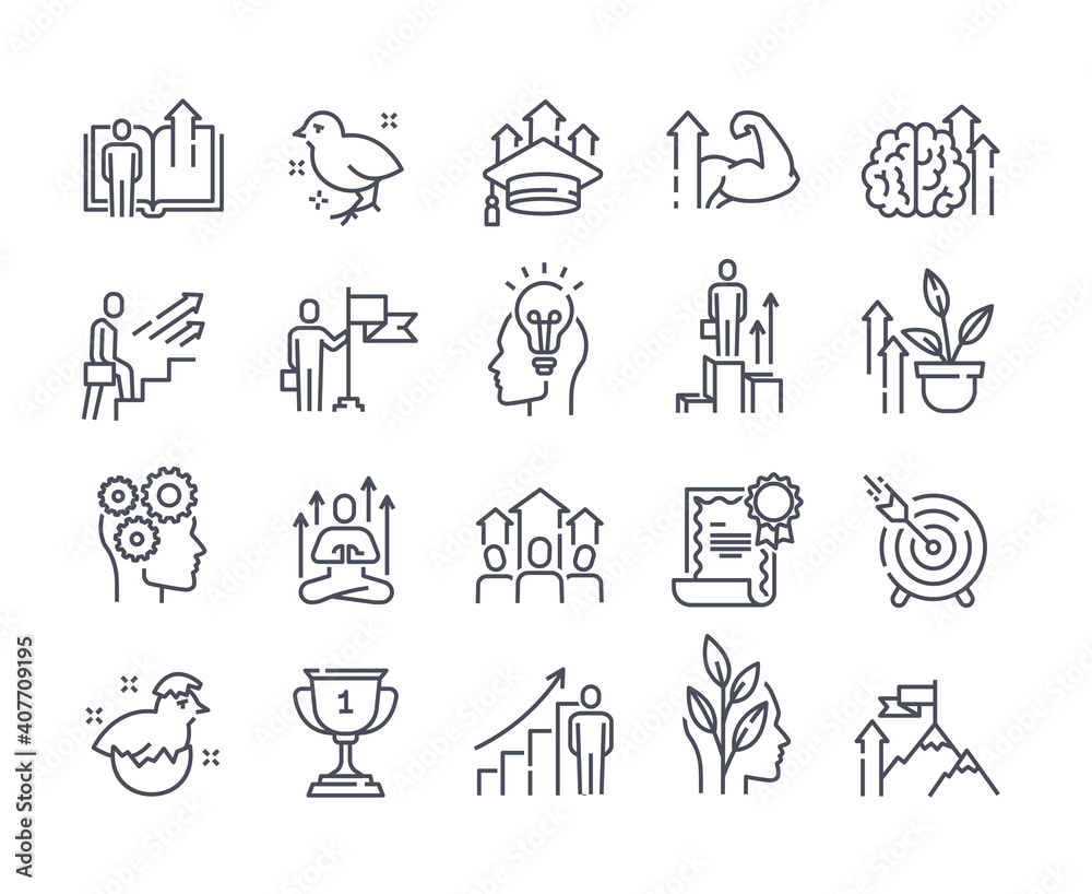 Black and white vector icons set of personal growth and self development outline icons. Containing such icons as training, newbie, new idea, skill Improvement, meditation and others. Black and white vector icons set of personal growth and self development outline icons. Containing such icons as training, newbie, new idea, skill Improvement, meditation and others.