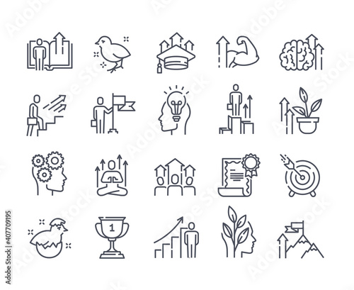 Black and white vector icons set of personal growth and self development outline icons. Containing such icons as training  newbie  new idea  skill Improvement  meditation and others.