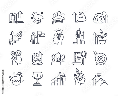 Black and white vector icons set of personal growth and self development outline icons. Containing such icons as training, newbie, new idea, skill Improvement, meditation and others.