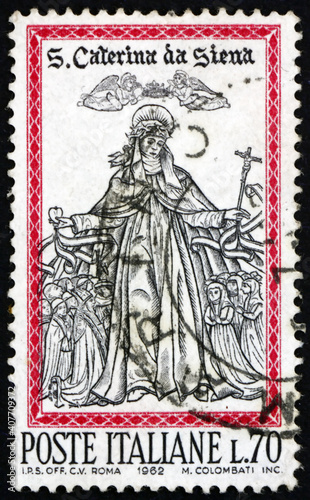 Postage stamp Italy 1962 St. Catherine of Siena, woodcut photo