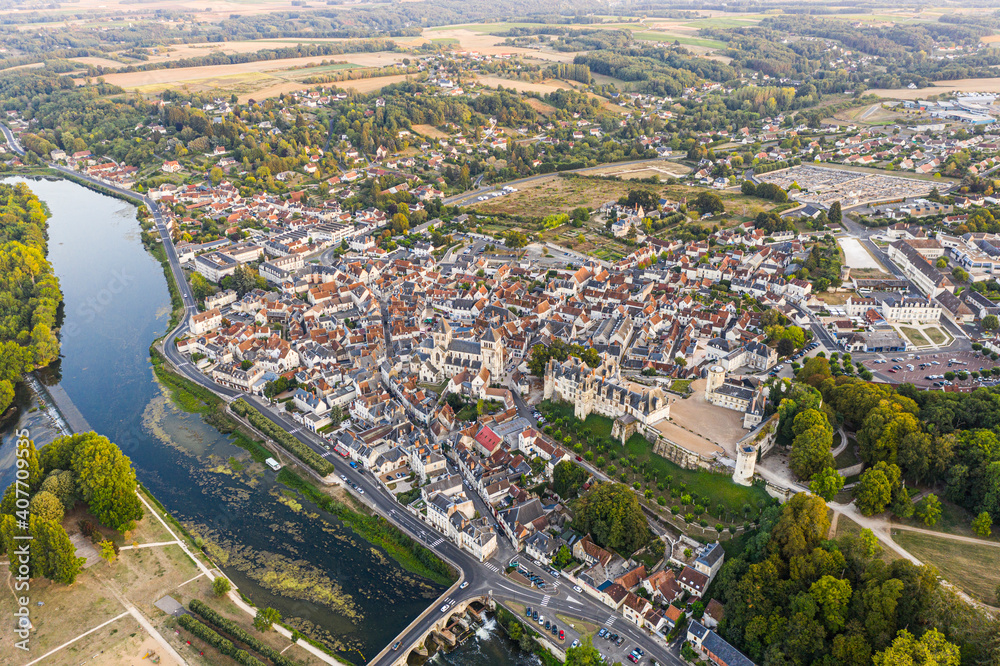 Aerial view of Saint-aignan-sur-cher, old castel and river the Cher, in the loir-et-cher