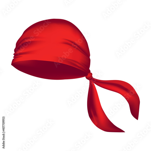 Red realistic bandana on head. Youth fashion. Cowboy garment element template. Headband for bikers sport wind protection, gangster scarf for head mockup. Western clothes