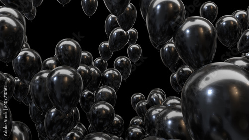 3d render black balloons on a black background