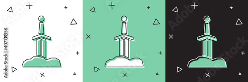 Set Sword in the stone icon isolated on white and green, black background. Excalibur the sword in the stone from the Arthurian legends. Vector.