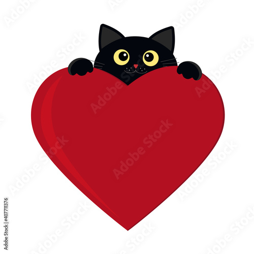 Black kitten peeking out from behind an abstract heart, color isolated vector children's illustration in flat style, decor, icon, sticker, decoration