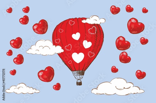 Red aerostat with white hearts surrounded by clouds and red hearts, hand-drawn.