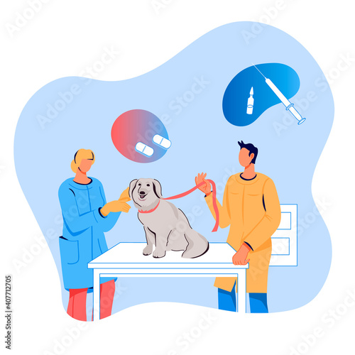 Veterinarian doctor examining a dog, flat vector illustration isolated on white background. Banner layout for veterinary clinic and animals care services.