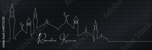 Ramadan Kareem greeting card design. Elegant and minimalist concept, with dark background and gold subjects or elements. Banner or panoramic format. Vector illustration