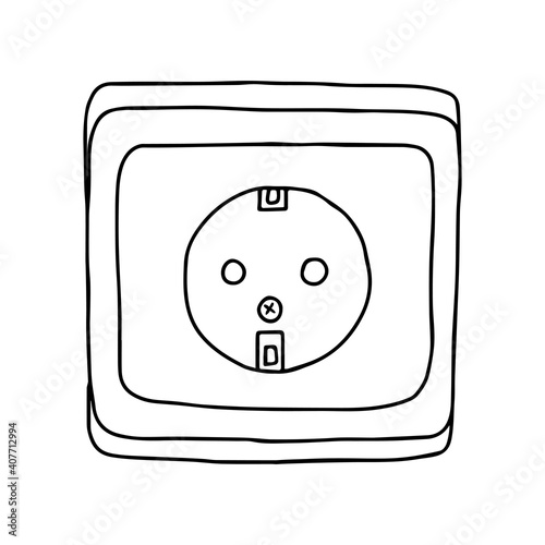 Hand-draw black vector outline illustration of one electric socket isolated on a white background