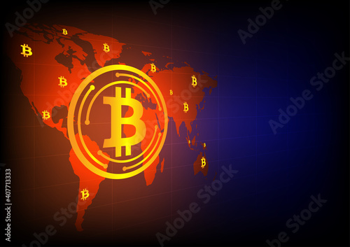 Gold Bitcoin coin on earth map with hi tech background and copy space