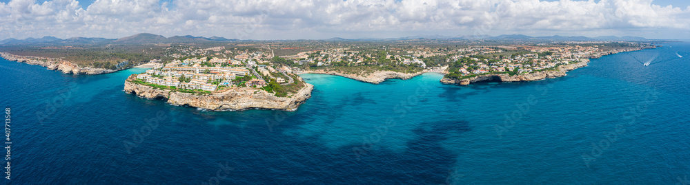An aerial panorama of Cala Mendia on Mallorca island in Spain