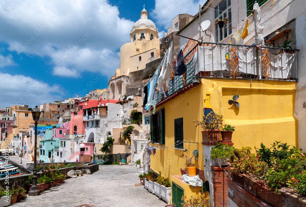 View of the colorful houses at the Port of Corricella in Procida Island