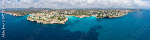 An aerial panorama of Cala Mendia on Mallorca island in Spain