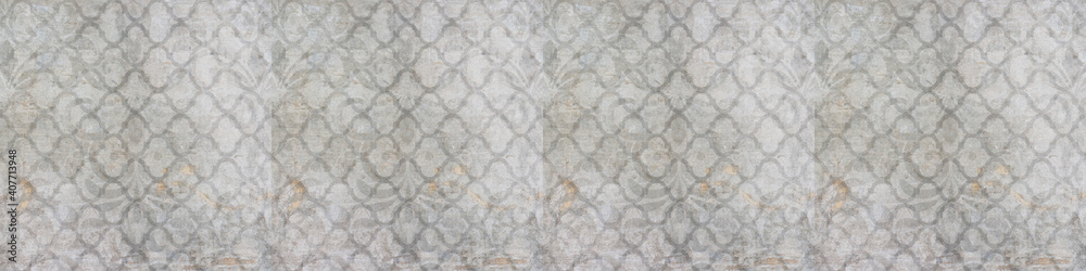 Old white gray grey rusty vintage worn shabby arabesque elegant damask rue diamond floral leaves flower patchwork motif tiles stone concrete cement wall wallpaper texture background banner - obrazy, fototapety, plakaty 