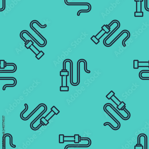 Black line Braided leather whip icon isolated seamless pattern on green background. Vector.