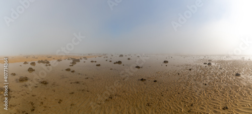 panorama landscape of fog lifting over an endless wadden sea beach at low tide