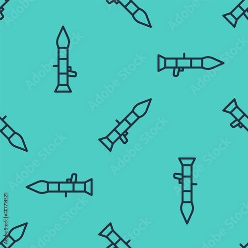 Black line Rocket launcher with missile icon isolated seamless pattern on green background. Vector.