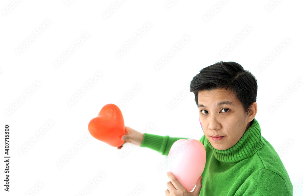 Asian ethnic LGBT tomboy holding heart shape balloon looking for good date and relationship Asian ethnic LGBT tomboy holding heart shape balloon looking for good date and relationship