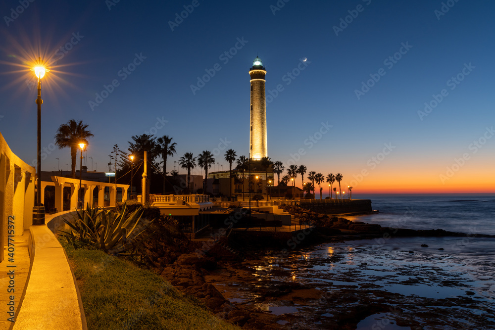 view of the Chipiona lighthouse just after sunset