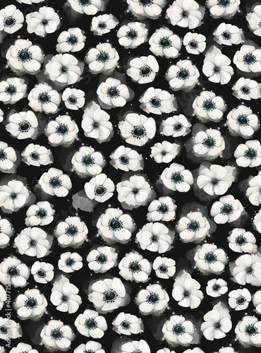 Beautiful watercolor pattern with anemones flowers on black background