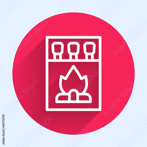 White line Open matchbox and matches icon isolated with long shadow. Red circle button. Vector.