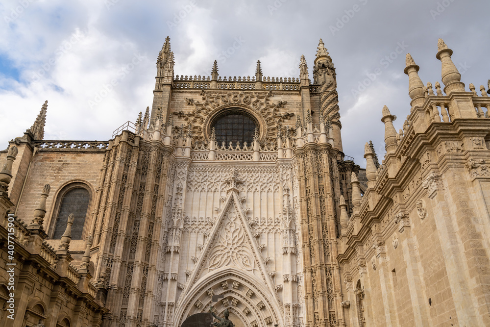 detail view of the landmark historic cathedral in Seville
