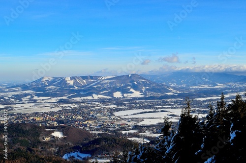 view of the snowy landscape of the foothills and peaks of the Beskydy Mountains, Velký Javorník, northern Moravia, Czech Republic