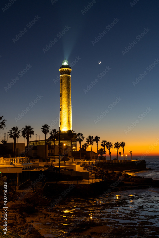 Obraz premium view of the Chipiona lighthouse just after sunset