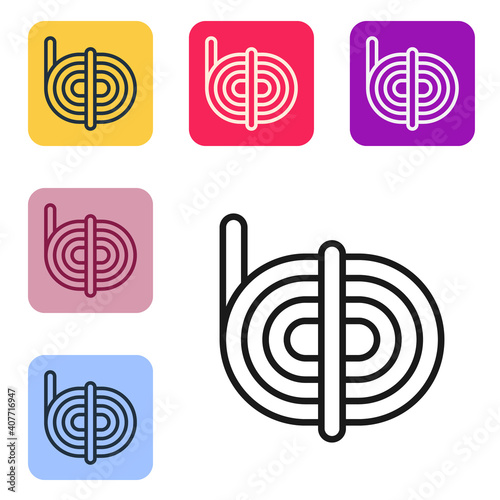 Black line Climber rope icon isolated on white background. Extreme sport. Sport equipment. Set icons in color square buttons. Vector.