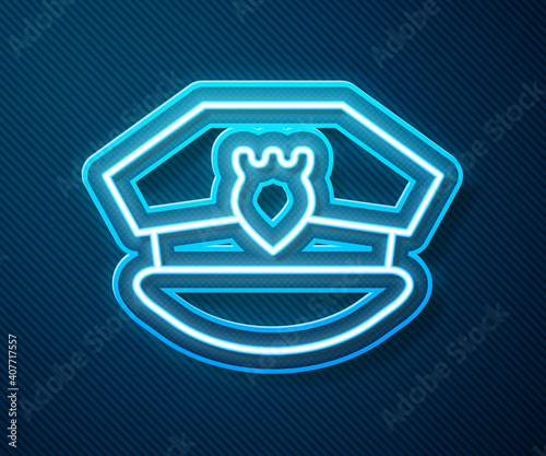 Glowing neon line Police cap with cockade icon isolated on blue background. Police hat sign. Vector.