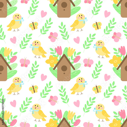 Seamless vector pattern on a spring theme. Bright flowered ornament. Digital background with birds, birdhouses, leaves, butterflies and tulips for wrapping paper, fabrics, web design, stationery, etc. © Zinziber