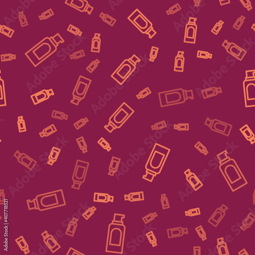 Brown line Spray can for hairspray, deodorant, antiperspirant icon isolated seamless pattern on red background. Vector.