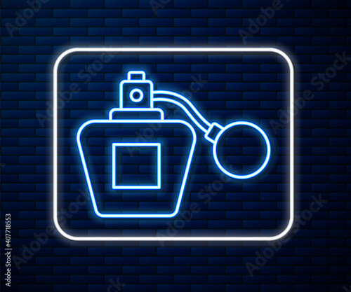 Glowing neon line Perfume icon isolated on brick wall background. Vector.