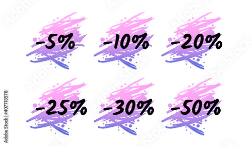 Vector discount icon set on a paintbrush splash isolated on white background. -5%, -10%, -20%, -25%, -30%, -50%. For seasonal sale, marketing campaign, banner, label, flyer, sticker.